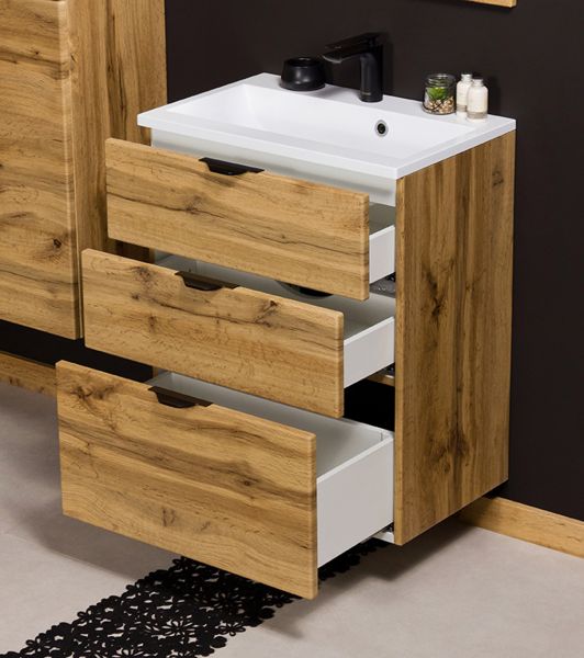 Waschplatzset VICTOR 60 cm, Waschtischunterbau mit 3 Schubladen inkl. Gussmarmorbecken, Eiche Natur (VIC60362)
