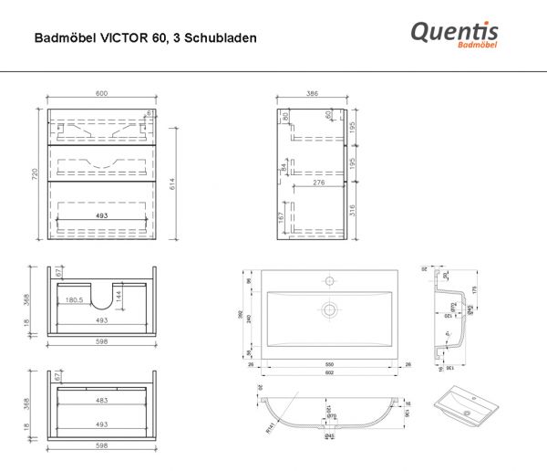 Badmöbel VICTOR 60 cm, seidenmatt schwarz, Waschtischunterbau mit 3 Schubladen (montiert)