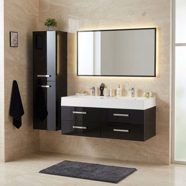 ARUVA Doppelwaschtisch mit Unterschrank, Breite 120 cm, Schwarz Hochglanz