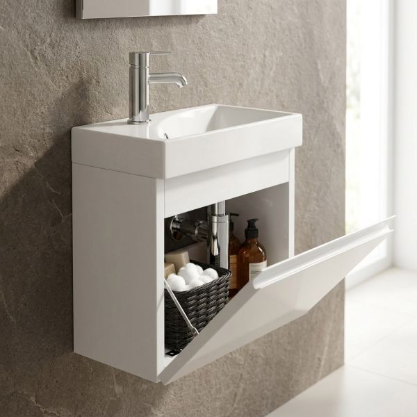 Gäste-WC Badmöbel RENA 40 cm, weiß glänzend, Waschbecken mit Unterschrank, vormontiert