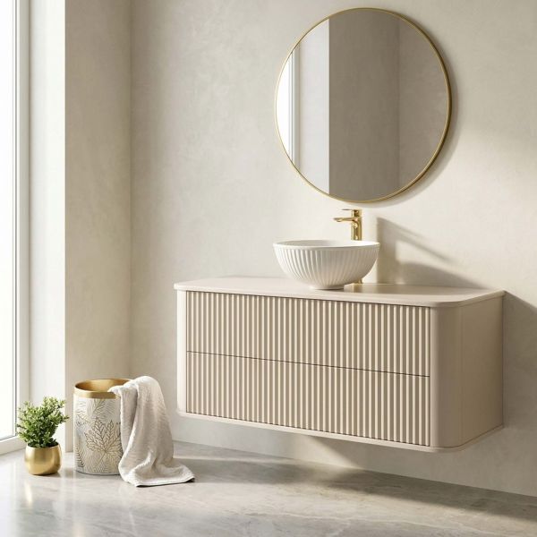 Badmöbel LILIA 120, sand matt, elegantes Aufsatzbecken mit Waschtischunterbau, vormontiert