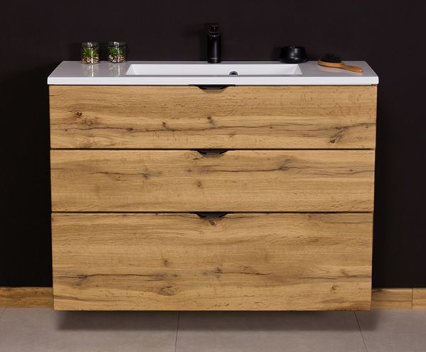 Badmöbel VICTOR 100cm, Waschtischunterbau mit 3 Schubladen inkl. Waschtisch, Eiche
