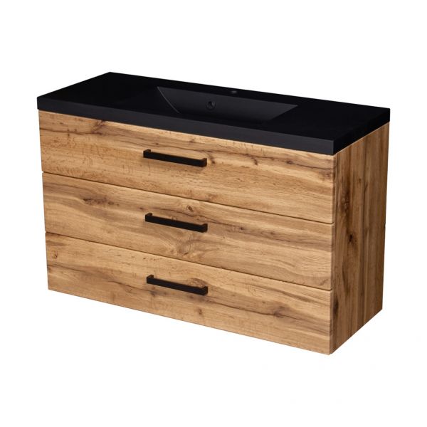 Badmöbel FOKUS LOFT 100 XL, Eiche Natur, Unterschrank montiert, Waschtisch schwarz matt
