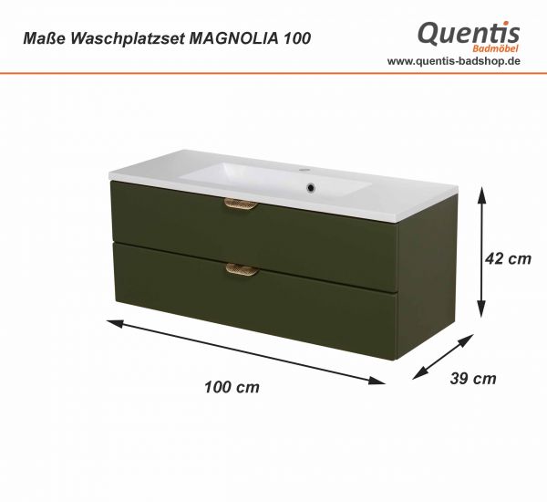 Badmöbel MAGNOLIA 100 cm, olivgrün satiniert, Waschtischunterbau montiert inkl. Waschbecken