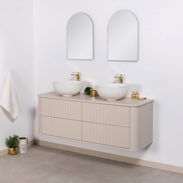 Doppelwaschtisch LILIA 140 cm, sand matt, Waschtischunterschrank montiert, inkl. 2 Aufsatzbecken