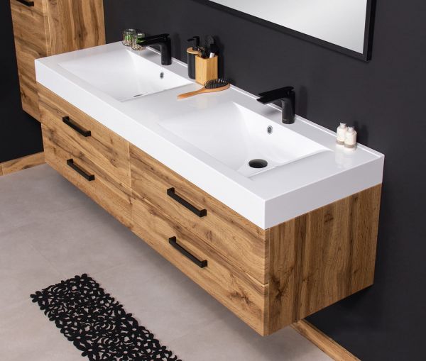Badmöbel ZENO-LOFT 160 cm, Eiche, Doppelwaschtisch mit Unterschrank, montiert