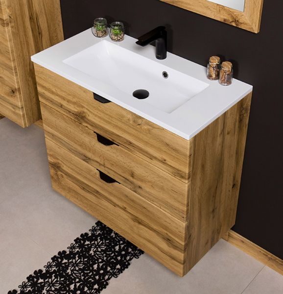 Waschplatz VICTOR 80, Waschtischunterbau mit 3 Schubladen inkl. Waschbecken, Eiche Natur