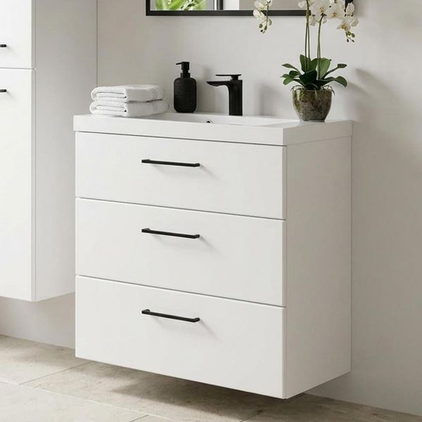 Badmoebel DOMINO SLim-Line 80 Tiefe 35 cm weiß matt Waschtisch und Unterschrank montiert