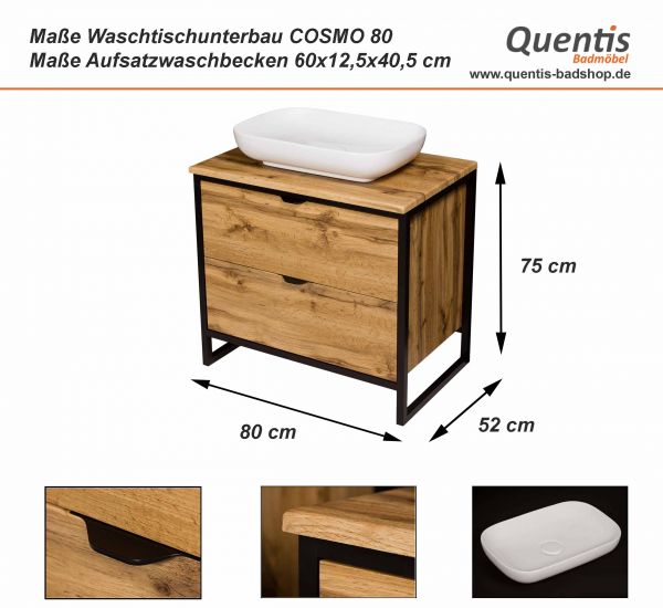 Maßblatt Badmöbel Cosmo, Breite 80 cm, Aufsatzbecken weiß, CS8062