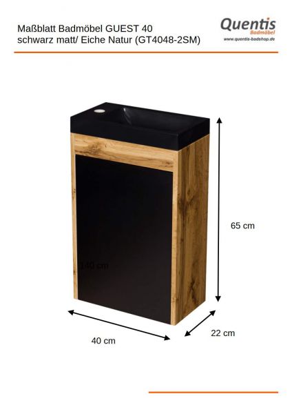 Gäste-WC Möbel GUEST Breite 40 cm, Eiche-Schwarz, Waschbecken schwarz matt