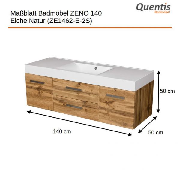 Badmöbel ZENO-LOFT Breite 140 cm, Eiche Natur, Griffe schwarz, Waschtischunterschrank montiert