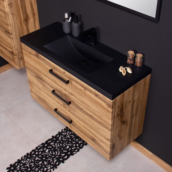 Badmöbel FOKUS LOFT 100 XL, Eiche Natur, Unterschrank montiert, Waschtisch schwarz matt