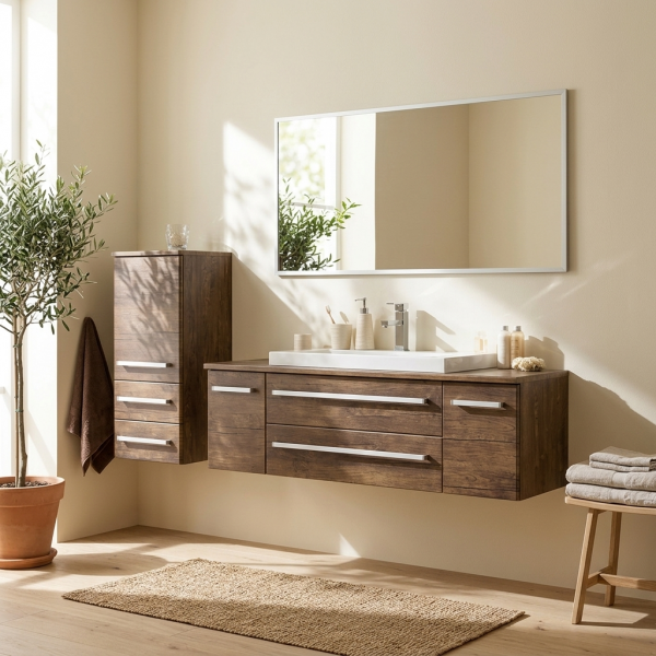 Badmöbel SUSAN Breite 140 cm, Holzdekor antik, Waschtischunterschrank montiert
