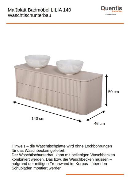 Badmöbel Lilia 140 cm, sand matt, Doppelwaschtisch und Unterschrank (montiert)