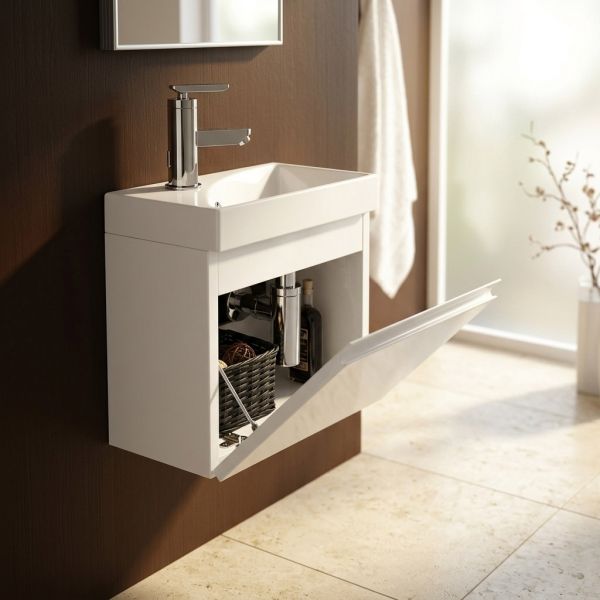 Gäste-WC Badmöbel RENA 40 cm, weiß glänzend, Waschbecken mit Unterschrank, vormontiert