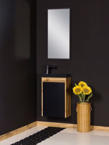 Gäste-WC Möbel GUEST Breite 40 cm, Eiche-Schwarz, Waschbecken schwarz matt