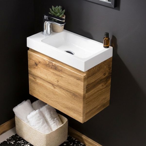 Gäste-WC Badmöbel FAROS 40 cm – Waschbecken mit Unterschrank, Eiche Natur, vormontiert