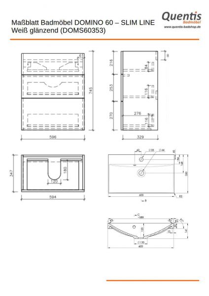 Badmöbelset DOMINO SLim-Line 60, weiß matt, Waschtisch und Unterschrank (montiert)