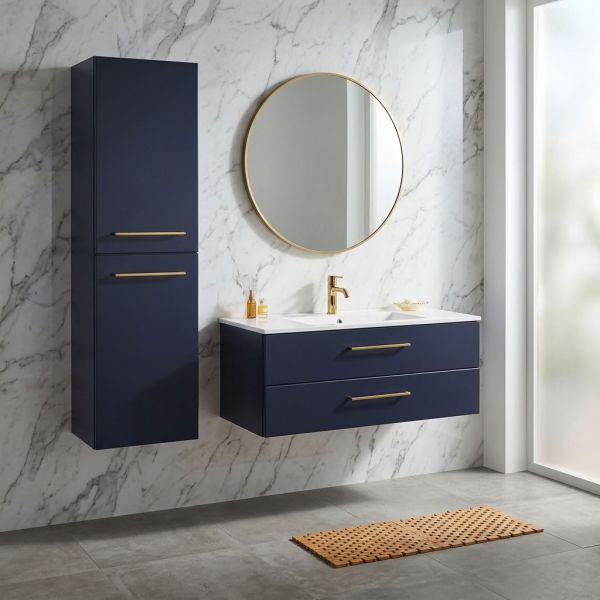 Badmöbel BELLI 100 cm Marineblau matt – Waschbecken mit Unterschrank, 2 Schubladen, vormontiert