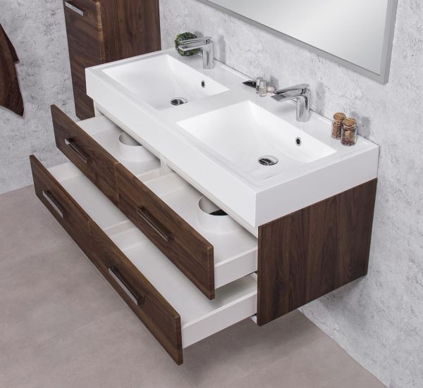 Badmöbelset Doppelwaschplatz ZENO, Breite 120 cm, Nussbaum, montiert