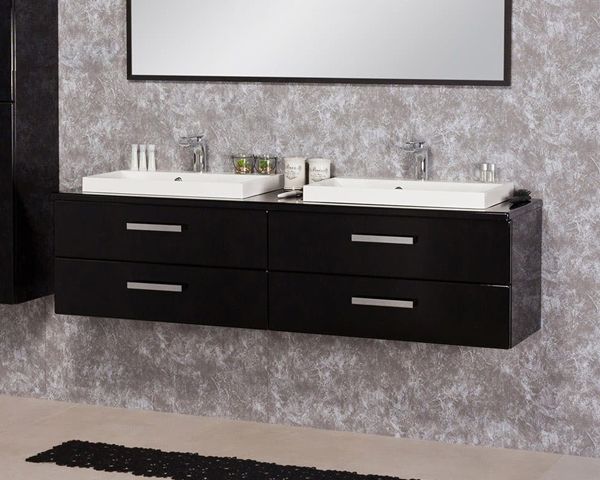 Badmöbelset SUSAN 160 cm, Waschtischunterbau mit 2 Waschbecken, schwarz Hochglanz