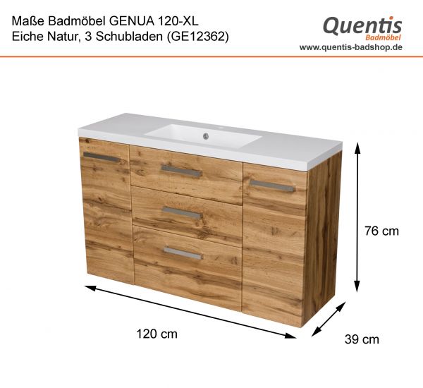 Badmöbel GENUA 120-XL, 3 Schubladen, Eiche Natur, Waschbeckenunterschrank montiert