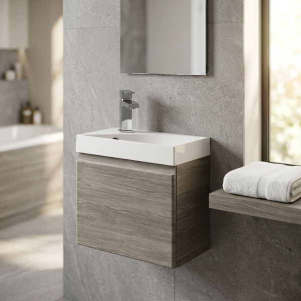 Gäste-WC Badmöbel RENA 40 cm, Eiche grau, Waschbecken mit Unterschrank, vormontiert-Copy