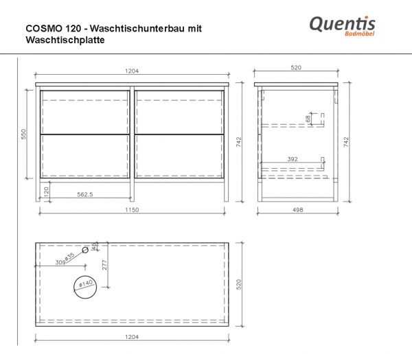 Badmöbel COSMO 120 cm, bodenstehend, Eiche/ Schwarz, Aufsatzbecken weiß