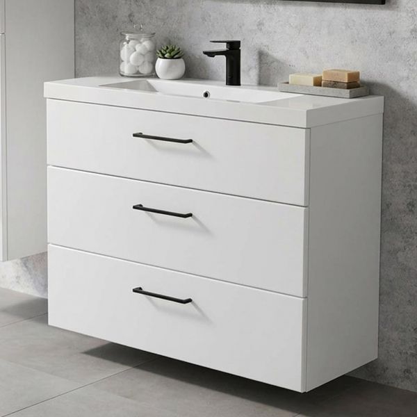 Badmöbel DOMINO SLim-Line 100 weiß matt, Waschtisch und Unterschrank (montiert)