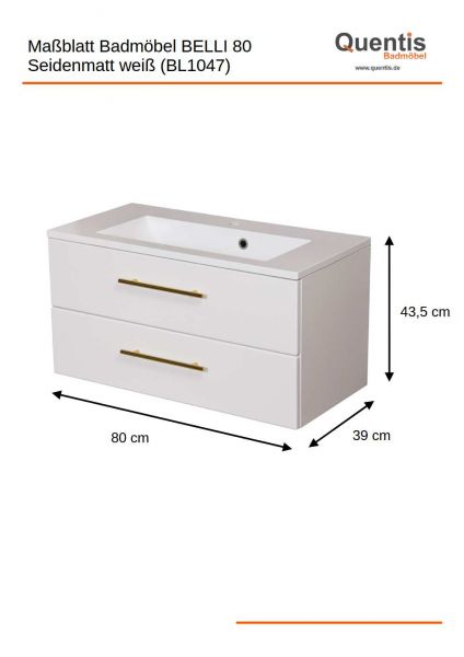 Maße Badmöbelset Belli, Breite 80 cm, Weiß matt (BL8047)