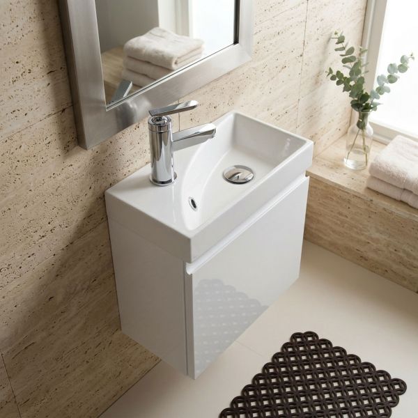 Gäste-WC Badmöbel RENA 40 cm, weiß glänzend, Waschbecken mit Unterschrank, vormontiert