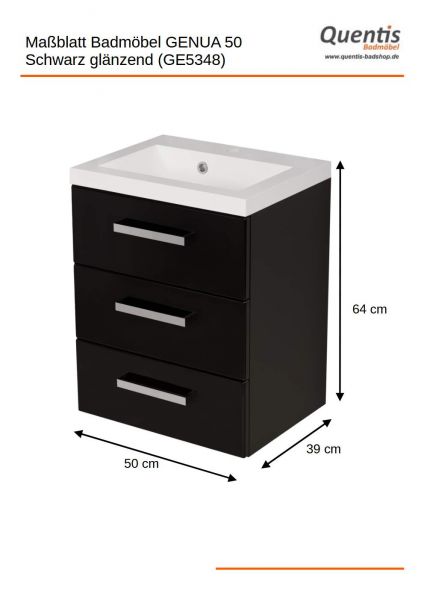 Badmöbel GENUA 50 cm, schwarz glänzend, 3 Schübe, Waschtischunterschrank montiert
