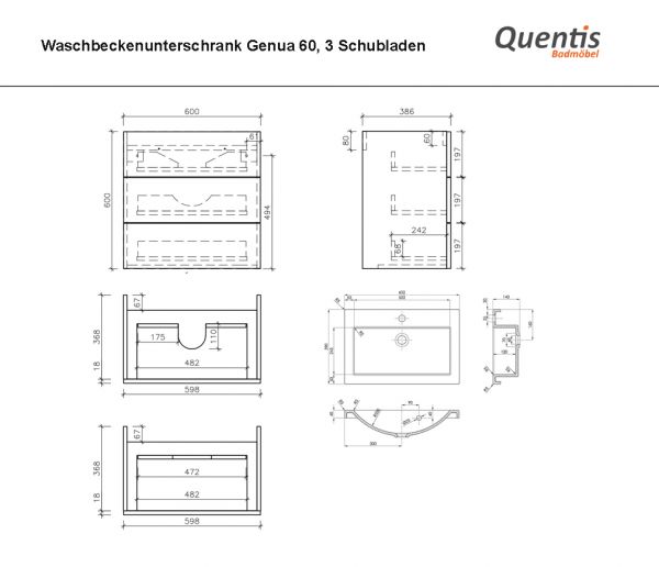 Badmöbel GENUA, Breite 60 cm, 3 Schubladen, weiß