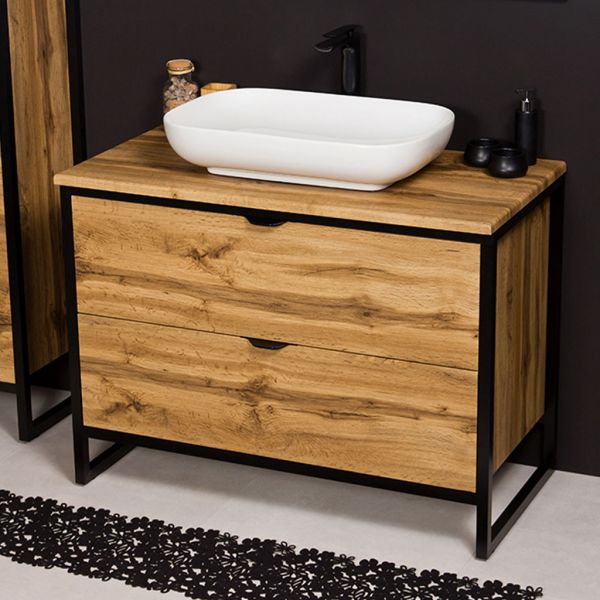 Badmöbel COSMO 100 cm, Eiche Natur/ Schwarz, Waschtischunterbau stehend, Aufsatzbecken optional