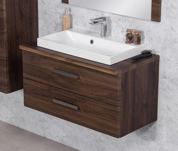Badmöbelset SUSAN 80 cm, Nussbaum, Waschbecken mit Unterschrank, 2 Schubladen, vormontiert