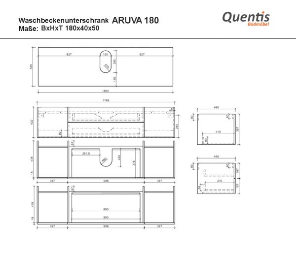 Badmöbel ARUVA Breite 180 cm, Weiß/ Eiche Natur, Waschtischunterbau montiert, Waschbecken optional