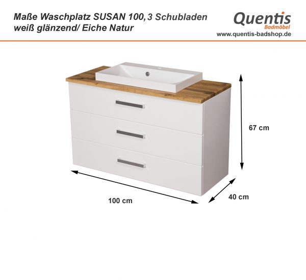 Quentis Badmöbel Susan, Breite 100 cm, weiß-eiche, Waschbeckenunterschrank 3S (SN1047NE3S)