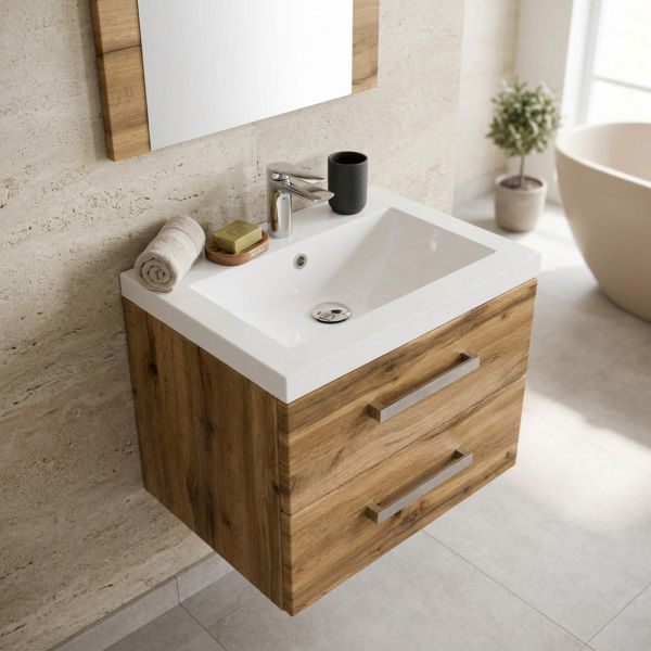 Badmöbel GENUA, Breite 50 cm, Eiche Natur, 2 Softclose-Schubladen, vormontiert