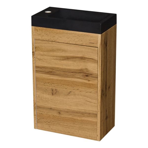 Gäste-WC Möbel GUEST 40 cm, Eiche Natur, Waschbecken schwarz matt, montiert