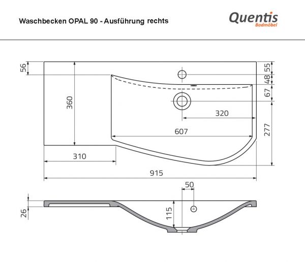 Badmöbel OPAL, Breite 90 cm, weiß glänzend, Waschtischunterbau montiert