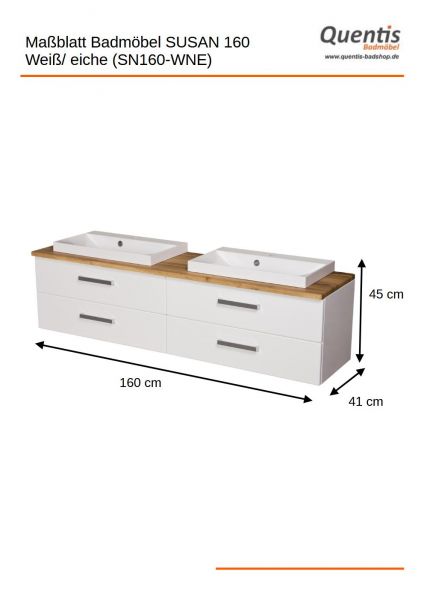 Badmöbel SUSAN 160 weiß/ eiche, Doppelwaschplatz Waschtischunterbau montiert