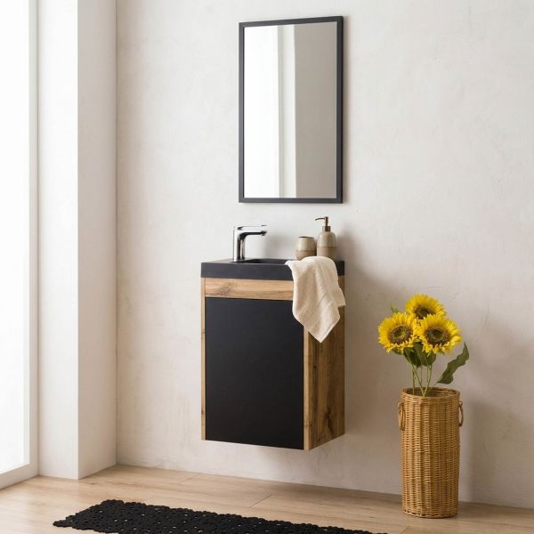 Gäste-WC Möbel GUEST Breite 40 cm, Eiche-Schwarz, Waschbecken schwarz matt