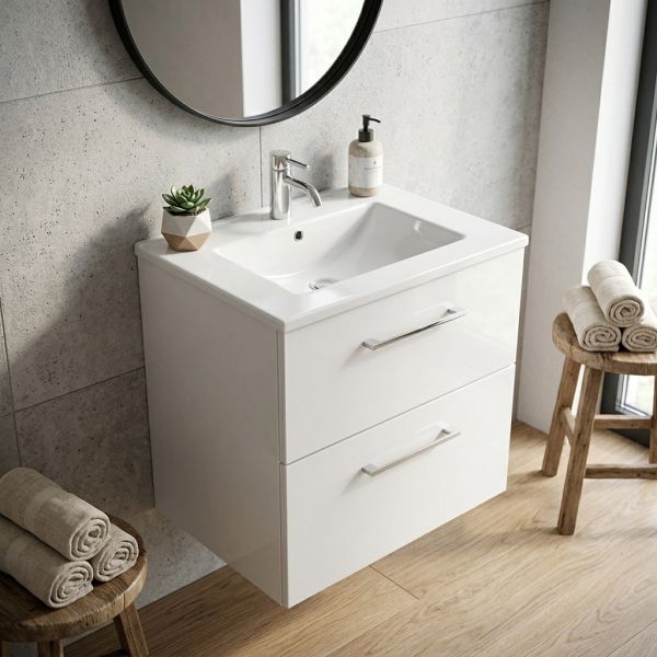 Badmöbel GEO 60 cm, weiß glänzend, Unterschrank montiert