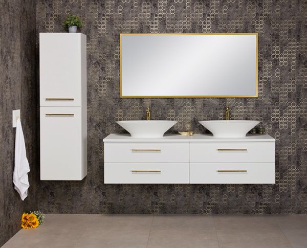 Badmöbel BELLI 160 cm, Weiß seidenmatt, Doppelwaschplatz inkl. 2 Aufsatzbecken