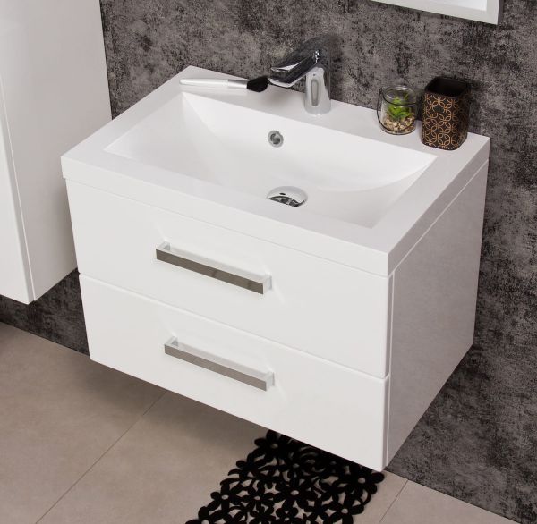 Badmöbel-Set GENUA 60 cm weiß glänzend, Waschtischunterschrank montiert, inkl. Waschbecken