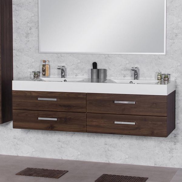 Badmöbelset Doppelwaschplatz ZENO, Breite 160 cm, Nussbaum, montiert