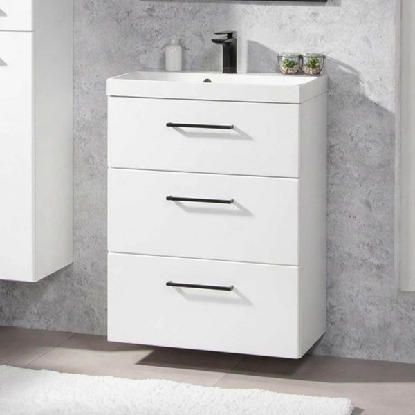 Badmöbel DOMINO SLim-Line 60 cm, weiß matt, Waschtisch und Unterschrank (montiert)