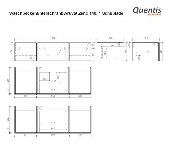 Badmöbel ARUVA Breite 140 cm, schwarz, Waschtischunterschrank montiert
