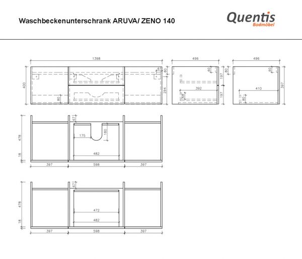 Badmöbel ARUVA Breite 140 cm, schwarz, Waschtischunterschrank montiert