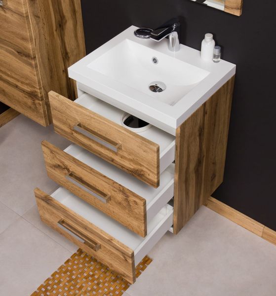 Badmöbel Genua 50, 3 Schubladen, Holzdekor Eiche Natur, GE5362